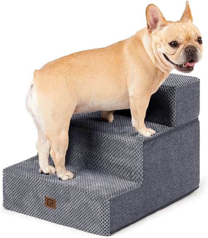 EHEYCIGA Dog Stairs for Small Dogs 13.5" H, 3-Step Dog Steps for Couch Sofa and Chair, Pet Steps for Medium Cats, Non-Slip Balanced Pet Ramp Indoor, Grey-PurrikoPets