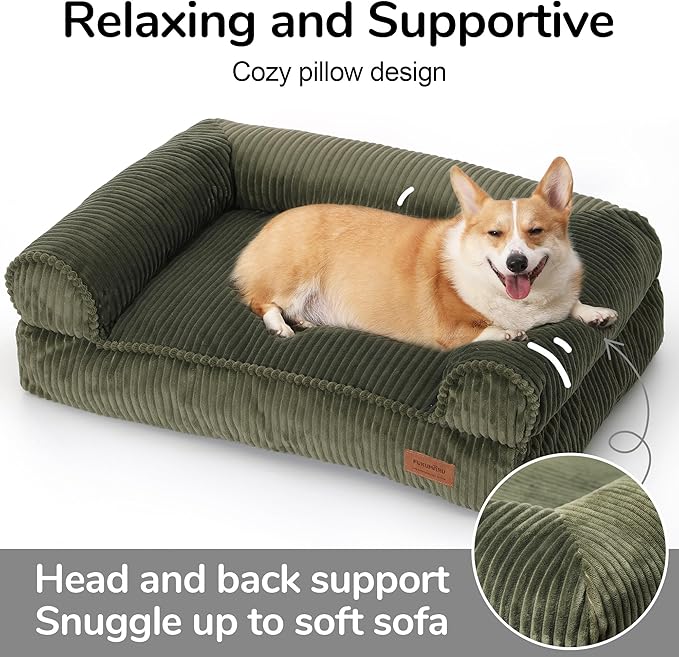 FUKUMARU Cute Dog Bed, Fluffy Dogs Couch with TPU Layer Keeping Lining Dry, Pet Sofa Medium Size Dog Easy to Care, Warm Cat Bed with Removable Zipper Cover, 36inch, Large, Green-PurrikoPets