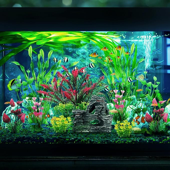 Fish Tank Accessories Aquarium Plants, 12pcs Colorful Fish Tank Artificial Plants and Cave Rock Decor Set, Aquarium Decorations Plants-PurrikoPets