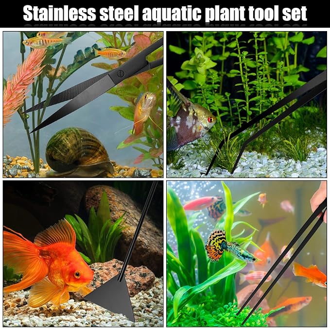 15Inch Extra Long Design Aquarium Aquascaping Tool Stainless Steel Aquascape Tools Kit 4 in 1 Anti-Rust Fish Tank Starter Kit with Long Tweezers Scissors Spatula for Aquarium Plants (Black)-PurrikoPets