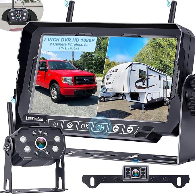Dual RV Backup Cameras Wireless - Ease Install Plug-Play Recording HD 1080P 7'' Touch Key Monitor Trailer Truck Rear View Cam Night Vision Signal No-Delay 4 Channels for Furrion Pre-Wired Mount-PurrikoPets