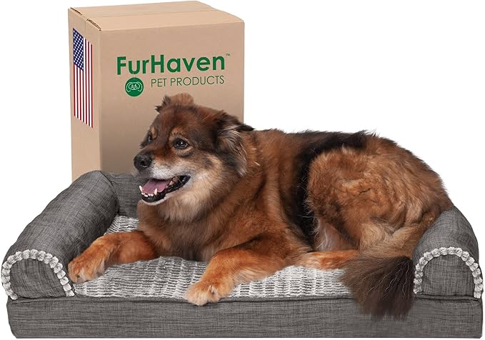 Furhaven Cooling Gel Dog Bed for Large/Medium Dogs w/ Removable Bolsters & Washable Cover, For Dogs Up to 55 lbs - Luxe Faux Fur & Performance Linen Sofa - Charcoal, Large-PurrikoPets