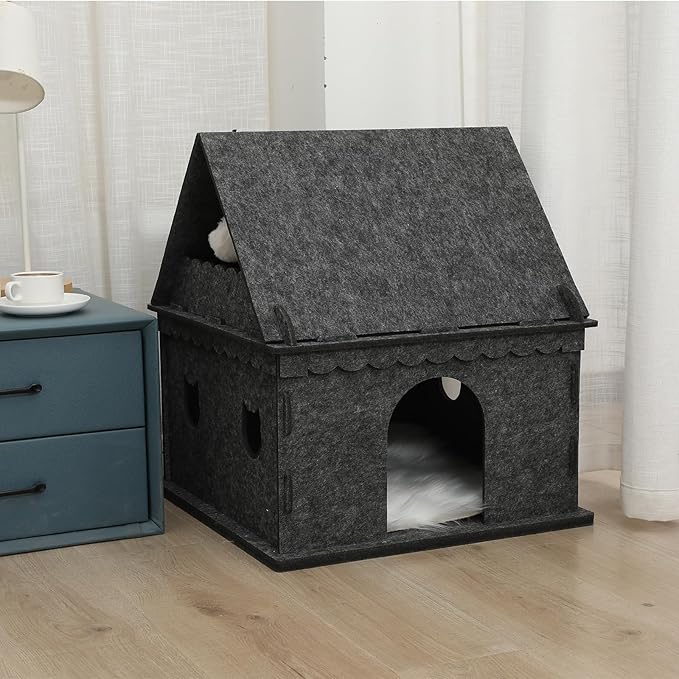 2-Tier Indoor Cat Apartment，Cozy Pet Cat Bed, Hideaway, and Sturdy Cat Castle for Multiple and Large Cats-PurrikoPets