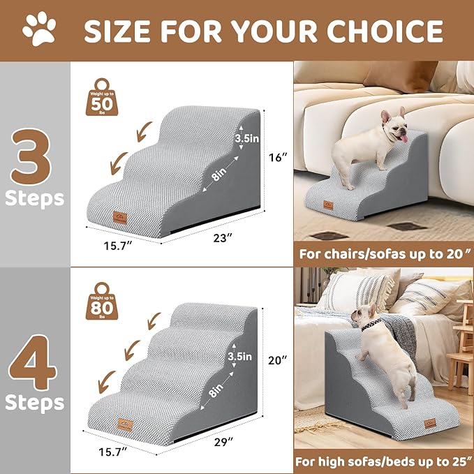 Dog Ramp and Stair for Bed 16" H-20 H,3-Step Cat Stair for Sofa and Chair,4-Step Dog Ramp for High Bed and Window,Durable Nonslip Fabric Cover for Indoor (Light Grey-16 H, Pet Friendly, 3)-PurrikoPets