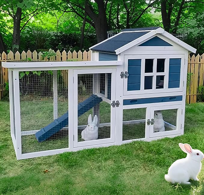 GARWOOD Large Outdoor Indoor Rabbit Hutch Wooden Bunny Rabbit Cage 2-Story with Run No-Leak Pull-Out Tray Waterproof Asphalt Roof Ramp for Guinea Pig Small Animal Wood Pet House Home Blue White-PurrikoPets