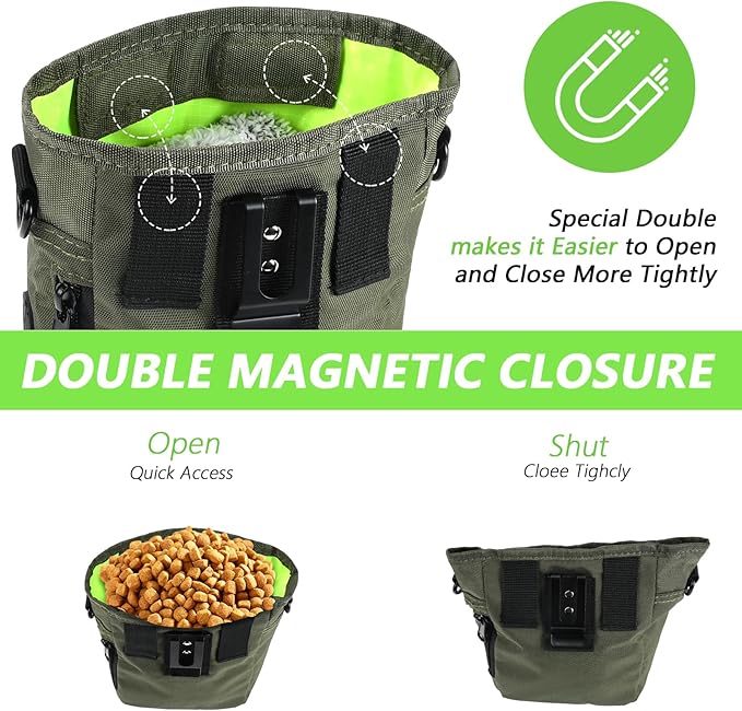 Dog Treat Pouches for Pet Training with Magnetic Closure Treat Pouches for Pet Training,Large Dog Treat Training Pouch and Dog Clicker,Training Treat Pouch Built-in Poop Bag Dispenser-Green-PurrikoPets