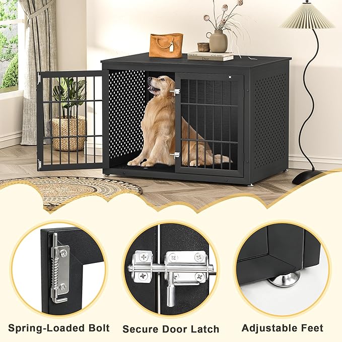 42" Heavy Duty Dog Crate Furniture for Large and Medium Dogs, Enclosed Design Wooden Metal Kennel, Wooden Cage Furniture Indoor, Decorative Dog Kennel End Table-PurrikoPets