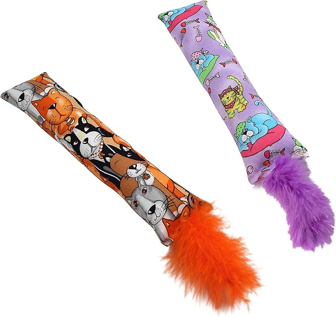 2 Pack Natural Interactive Catnip Cat Kicker with Feathers, Bite Resistant Chew Toy, Crinkle Kicker, Accessories for Indoor Cat-PurrikoPets