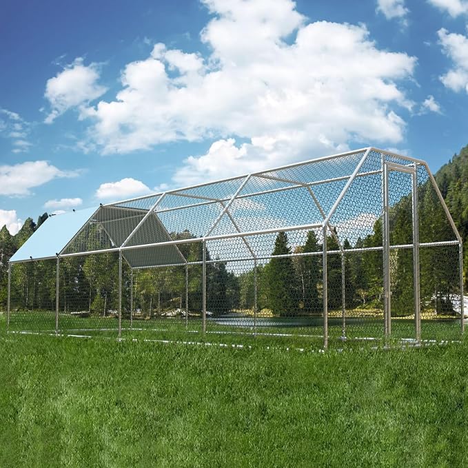 1.26’’ Large Metal Chicken Coop Walk in, Chicken Pen for Chickens, Outdoor Chicken Runs Coops Dog Kennel, Flat Roofed Chicken Runs for Yard with Anti-Ultraviolet Cover (9.2’L x 25’W x 6.4’H)-PurrikoPets