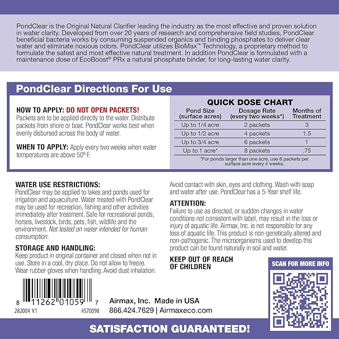 Airmax PondClear Packets, Beneficial Bacteria & Enzyme Clarifier Treatment with Ecoboost PRx, Clear & Clean Pond & Lake Water, Safe for Fish, 12-Count-PurrikoPets