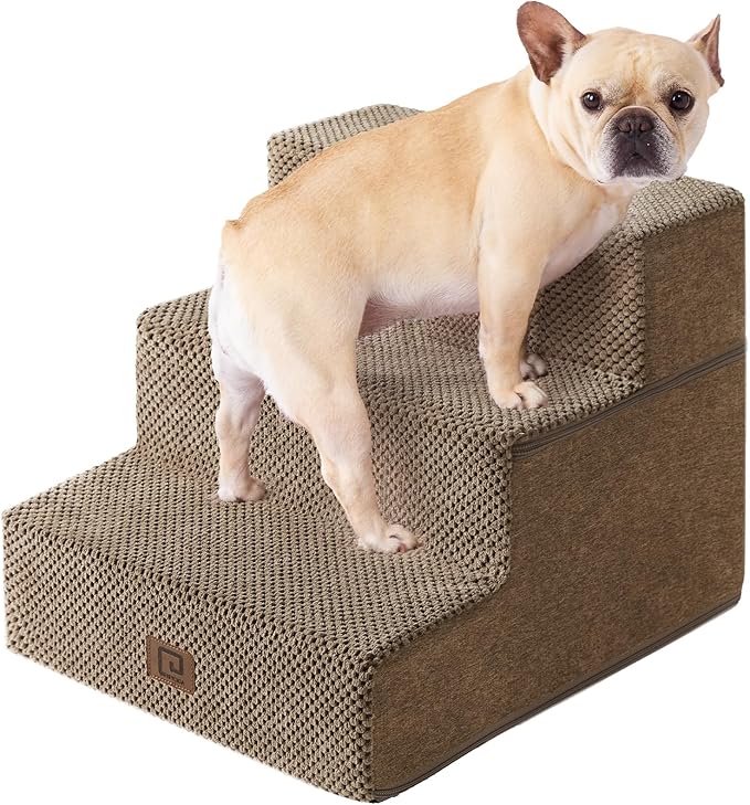 EHEYCIGA Dog Stairs for Small Dogs 13.5" H, 3-Step Dog Steps for Couch Sofa and Chair, Pet Steps for Medium Cats, Non-Slip Balanced Pet Ramp Indoor, Camel-PurrikoPets