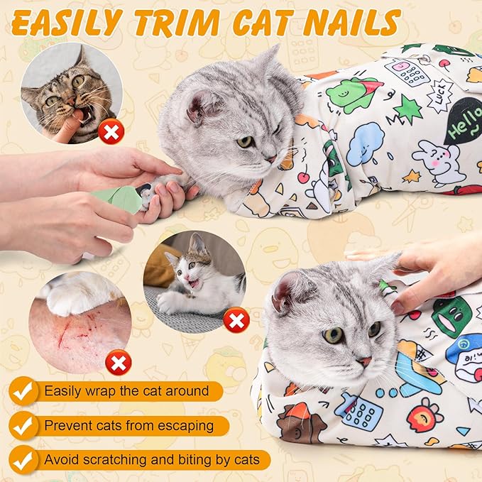 21.7 in Cat Wrap for Cutting Nails, Self-Adhesive Cat Grooming Wrap Anti-Escape Cat Restraint for Nail Clipping Cat Swaddle Wrap Cat Wrapping Cloth for Pet Cleaning and Beauty (Within 6.6 lbs)-PurrikoPets