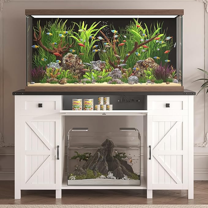 55-75 Gallon Aquarium Stand With Charging Station, Farmhouse Fish Tank Stand, Reptile Tank Stand Terrarium Stand with Drawer and Cabinet Storage, Sturdy Heavy Duty 53.5"×19.7" Tabletop - White-PurrikoPets