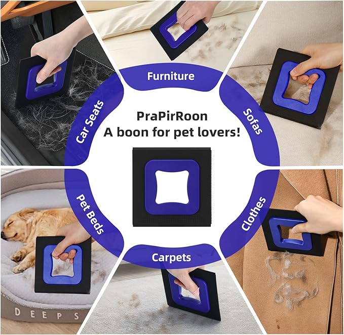 3 in 1 Mini Pet Hair Removal Tool, Dog and Cat Square Hair Remover for Car Detailing Supplies, Clothes, Couch and Carpet, Fur Cleaning Supplies for Furniture-Ergonomic and Anti-Slip, Mini Pet Supplies-PurrikoPets