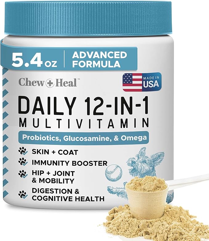 12-in-1 Multivitamin Powder for Dogs - 5.4 oz of Puppy and Senior Dog Vitamins and Supplements - Advanced Formula with Glucosamine, Omega 3,6,9, Vitamins, Probiotics, and More - Made in The USA-PurrikoPets