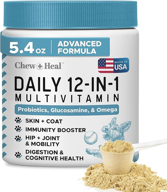 12-in-1 Multivitamin Powder for Dogs - 5.4 oz of Puppy and Senior Dog Vitamins and Supplements - Advanced Formula with Glucosamine, Omega 3,6,9, Vitamins, Probiotics, and More - Made in The USA-PurrikoPets