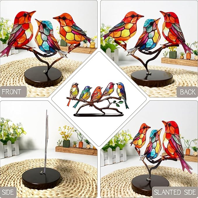 5 Birds on a Branch, Metal Desktop Decorations, Home Bird Decorations for Office, Window, Aviary, Garden, Gifts for Bird Lovers, Boxed Set.-PurrikoPets