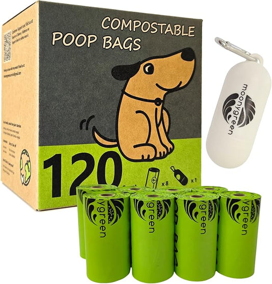 Dog Poop Bag with Holder, Compostable Dog Bags for Poop, Vegetable-Based Doggy Poop Bags, Eco-Friendly, Unscented, Extra Thick and Leak Proof, 120 Counts, 10 Rolls, 9 x 13 Inches-PurrikoPets