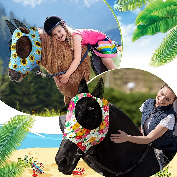 Frienda 4 Pieces Horse Fly Masks with Ears Face Covering UV Protection from Insect Pests Elasticity Smooth Comfortable Mesh Horse Mask Accessories(Flower,Medium)-PurrikoPets