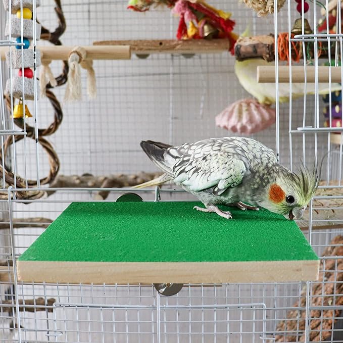 7.9×5.9 Inches Large Bird Perch Stand Platform, Natural Wooden Bird Cage Accessories, Bird Stand Perch with Rough Quartz Sand Surface for Parrot, Parakeet, Budgies, Cockatiel, Rats-PurrikoPets