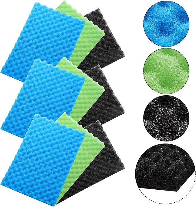 9 Pcs Fish Pond Foam Aquarium Filter Sponge Wave Shape Coarse Foam for Fish Tank Sump Pond 17 x 11 Inch x 1/2 to 1 Inch, Black, Green, Blue-PurrikoPets