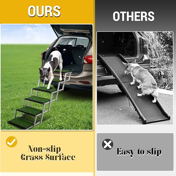 Extra Wide Dog Stairs for Car, Portable Folding Dog Ramps,Doggy Steps for Large Dogs with Non-Slip Grass Rug for Cars, SUV, Trucks, Lightweight Pet Ramp Supports Up to 200 lb, 6 Steps-PurrikoPets