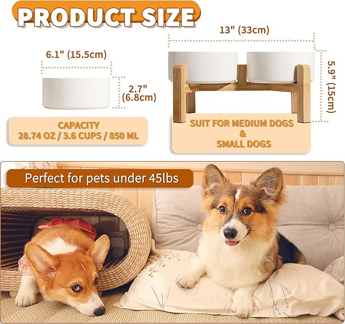 Elevated Ceramic Dog Bowl Set - Raised Dog Bowls with Non-Slip Bamboo Stand - Dog Food and Water Bowl Set - Double Dog Feeding Bowls - Suitable for Small and Medium Dogs - 28.74 OZ - 3.6 CUPS - 850 ML-PurrikoPets