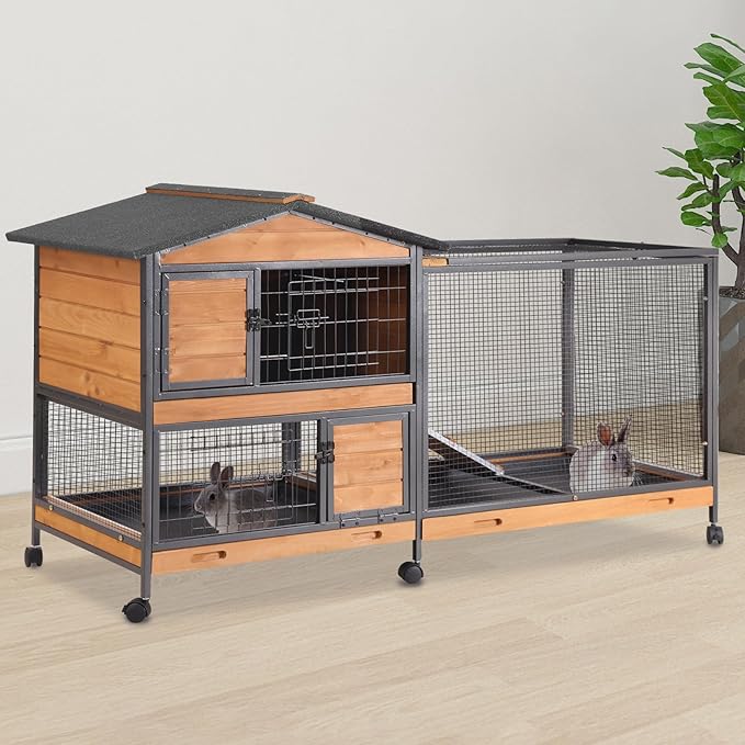 2-Story Rabbit Cage with Chew-Proof Metal Frame for Indoor/Outdoor - 62" Bunny Hutch Guinea Pig Cages with 6 Locking Wheels & 2 Removable Trays for Rabbits/Guinea Pigs-PurrikoPets