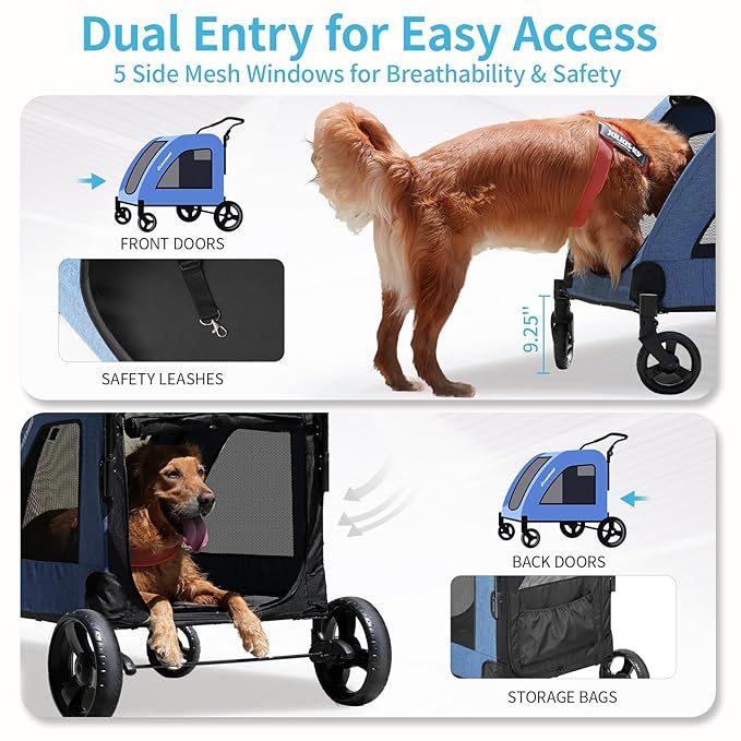 EchoSmile Heavy-Duty Large Dog Stroller with Shock-Absorbing Wheels, Foldable Pet Travel Carrier for Medium & Large Dogs, 5 Mesh Windows, 160 lbs Capacity, Easy Assembly & Storage-PurrikoPets