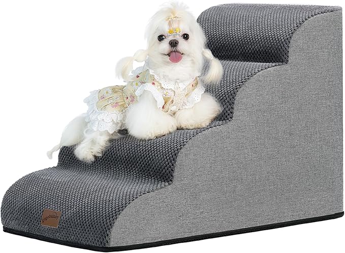 GoGoBunny Waterproof High Density Foam Curved Dog Stairs for High Beds Couches 19.7" H, 4-Step Ramp Dog Steps Friendly to Small Medium Dogs or Pets Joints, Non-Slip Balanced Durable Pet Step, Grey-PurrikoPets