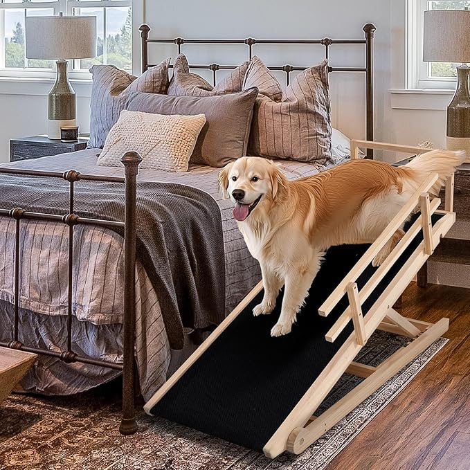 Dog Ramp, 5 Level Adjustable Height Folding Pet Ramp for High Bed, Portable Paw Ramps Large Bed Ramp for Medium & Large Old Dogs & Cats - Natural Wood Furniture Quality-PurrikoPets
