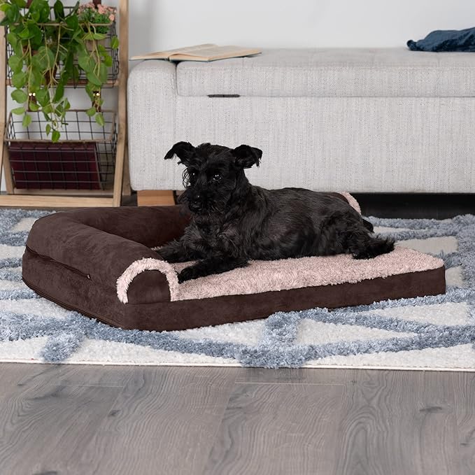 Furhaven Cooling Gel Dog Bed for Medium/Small Dogs w/ Removable Bolsters & Washable Cover, For Dogs Up to 35 lbs - Two-Tone Plush Faux Fur & Suede L Shaped Chaise - Espresso, Medium-PurrikoPets