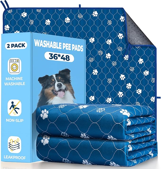 Fostanfly Washable Pee Pads for Dogs, 2 Pack Large 36"x48" Ultra-Absorbent and Leak-Proof Non-Slip Reusable Potty Training Pads for Dogs, Puppy & Cats of Add 8 Lanyards-Blue-PurrikoPets