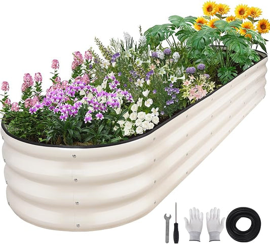 Galvanized Raised Garden Bed - 8×2×1ft Planter Raised Beds for Gardening | Oval Metal Garden Planter Box with Safety Edging and Bracing Rods for Vegetables Fruits and Flowers (White)-PurrikoPets