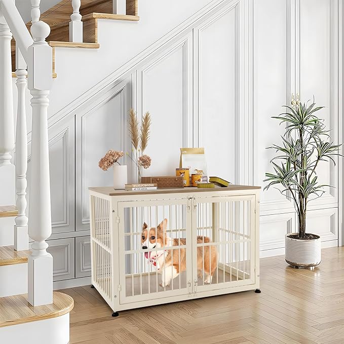 32 Inch Heavy Duty Dog Crate Furniture for Medium and Small Dogs, Decorative Pet House End Table, Wooden Cage Kennel Furniture Indoor with Double Doors, Sturdy Dog Cage for Anxiety Dog-PurrikoPets