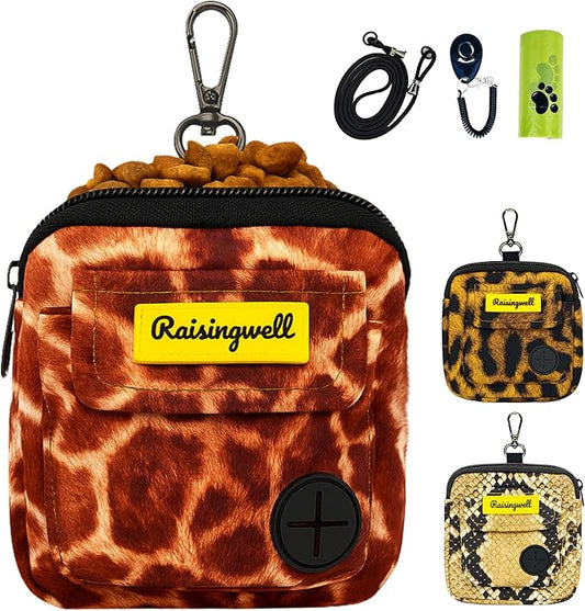 Dog Treat Pouch for Pet Walking and Training with Clicker Poop Bags and Double Bag Design Small Fanny Zipper Pack Holder for Puppy Snack Dispenser Kit for Leash and Outdoor Use Deer Hide Skin-PurrikoPets