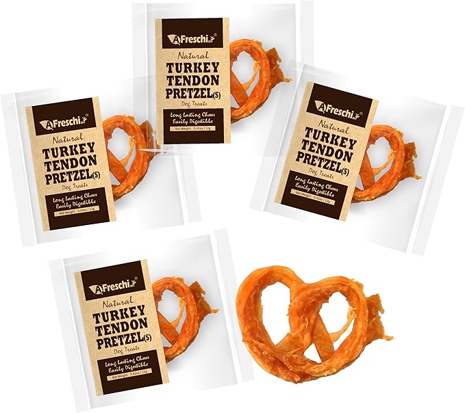 Afreschi Natural Turkey Tendon Pretzel (S) Pack of 4, Dog Treats for Signature Series, All Natural Human Grade Puppy Chew, USA-Sourced Turkey Tendon, Hypoallergenic, Rawhide Alternative-PurrikoPets