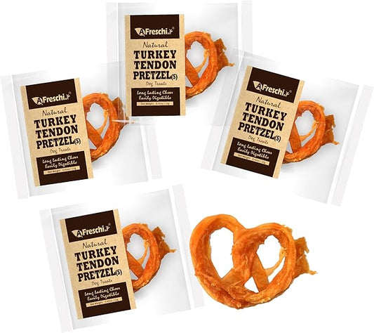 Afreschi Natural Turkey Tendon Pretzel (S) Pack of 4, Dog Treats for Signature Series, All Natural Human Grade Puppy Chew, USA-Sourced Turkey Tendon, Hypoallergenic, Rawhide Alternative-PurrikoPets