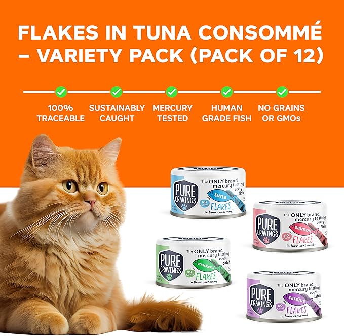 Flakes in Tuna Consommé, Canned Wet Cat Food Soup, 100% Mercury-Tested, Moist Can Fish, Grain-Free Protein, Non-GMO, 3oz, Variety Pack 3X Tuna, 3X Salmon, 3X Sardine, 3X Mackerel-PurrikoPets