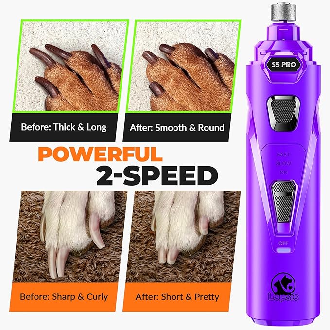 Dog Nail Grinder with 2 LED Lights Powerful 2 Speeds Super Quiet Dog Nail Trimmers with 3 Grinding Wheels Rechargeable Pet Dog Nail Clippers for Large Medium Puppy Dogs Dog Nail File Cat Nail Clipper-PurrikoPets