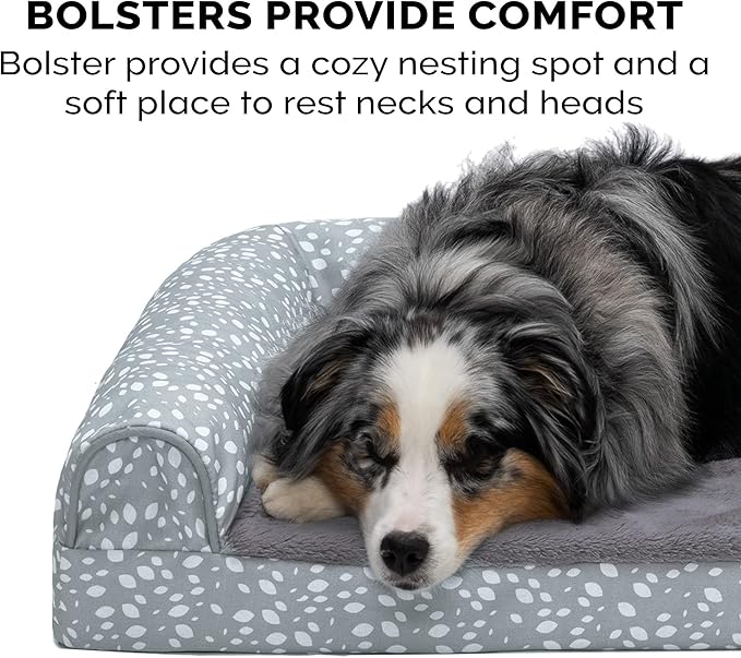 Furhaven Cooling Gel Dog Bed for Large/Medium Dogs w/ Removable Bolsters & Washable Cover, For Dogs Up to 55 lbs - Plush & Almond Print L Shaped Chaise - Gray Almonds, Large-PurrikoPets