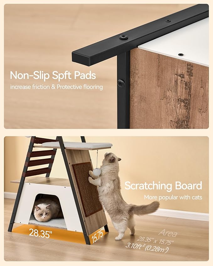 FourFurPets 72.4" Cat Tree, Modern Cat Tower for Indoor Cats, Multi-Level Cat Condo with Caves, Tall Cat Tree with Cat Scratching Board, Wooden Cat Tower with Large Perch, Removable Pads, Camel Brown-PurrikoPets