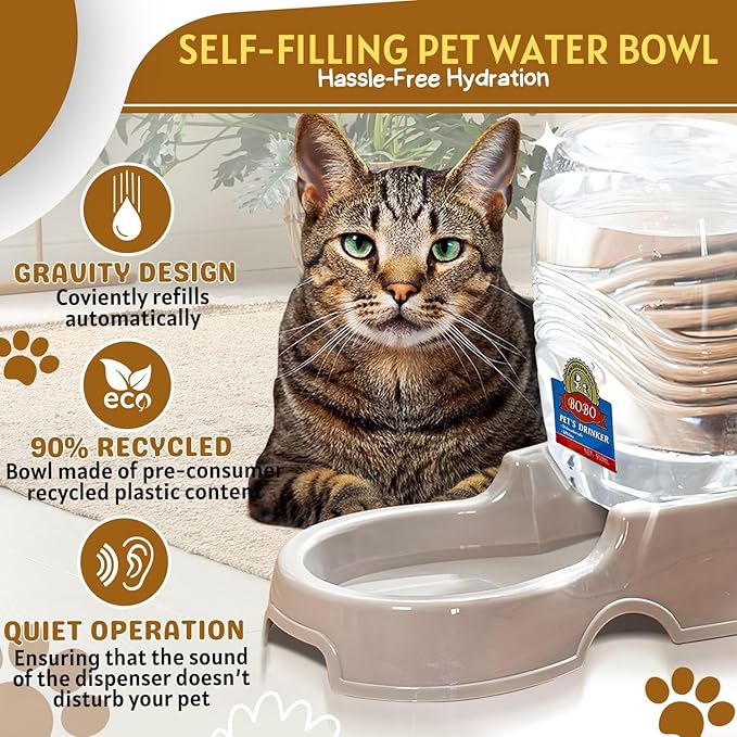 Flexzion Automatic Gravity Pet Waterer for Cat & Dog - Non-Skid & Easy-Clean Auto Replenish Water Dispenser Drinking Bowl (1/4 Gallon/ 900ml), Beige-PurrikoPets