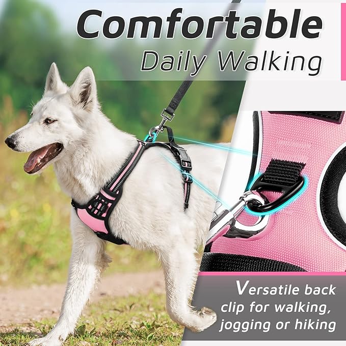 Eagloo Dog Harness for Large Dogs, No Pull Service Vest with Reflective Strips and Control Handle, Adjustable and Comfortable for Walking, No Choke Pet Harness with 2 Metal Rings, Pink, L-PurrikoPets