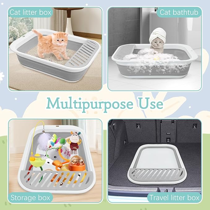 Fhiny Cat Litter Box Portable Shallow Litter Box 17.7"x13.4"x4.9" Foldable Cat Toilet with Scoop Open Kitty Potty Pan with Litter Drop Pedal Easy to Clean Travel Kitten Toilet(Gray)-PurrikoPets
