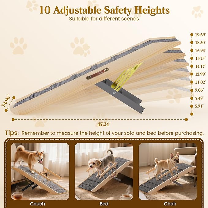 Dog Ramp for Bed Couch, Pet Ramp for Small Medium Old Dogs Cats with 10 Adjustable Heights from 5.91" to 19.69", 47" Long Portable Non-Slip Dog Bed Ramp for High Bed, Couch, Hold up to 200 LBS-PurrikoPets