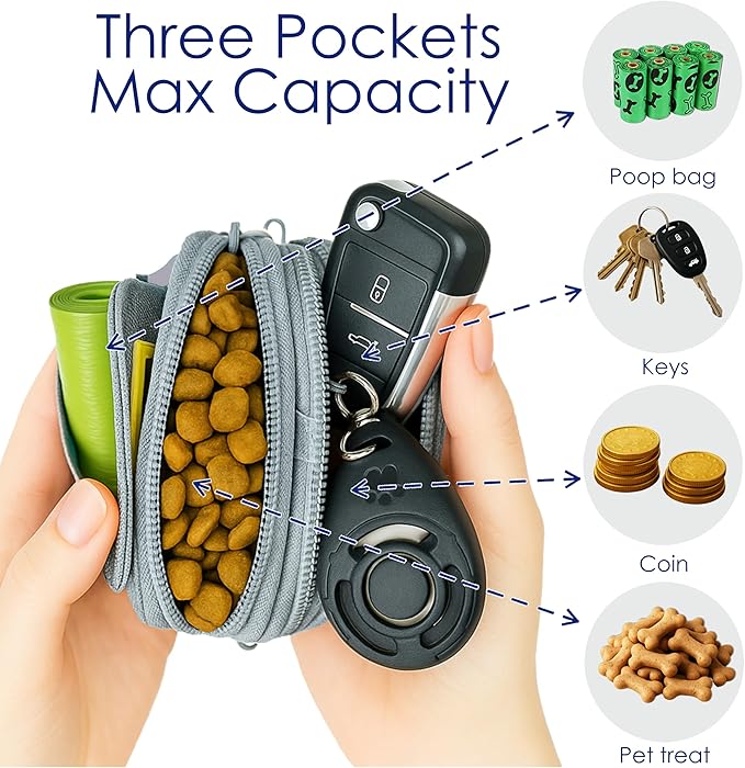 Dog Treat Pouch for Pet Walking and Training with Clicker Poop Bags and Three Bags Design Small Fanny Zipper Pack Holder for Puppy Snack Dispenser Kit for Leash and Outdoor Use (Gray)-PurrikoPets