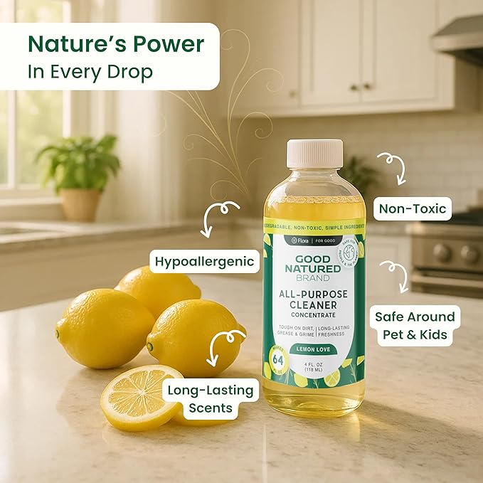 Good Natured Brand All-Purpose Cleaner Concentrate + 16 oz Bottle | Multi-Surface Cleaner | Natural Lemon Essential Oil | Multipurpose Cleaner All Surfaces | Lemon Love | 4oz makes 64oz-PurrikoPets