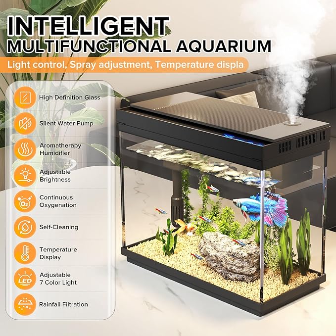 Fish Tank, 2.4 Gallon Fish Aquarium, Fish Tank Starter kit with Smart Humidifier, Temperature Display, 7-Color Lighting, 3 in 1 Quiet Pump with Filteration & Oxygenation & Circulation-PurrikoPets