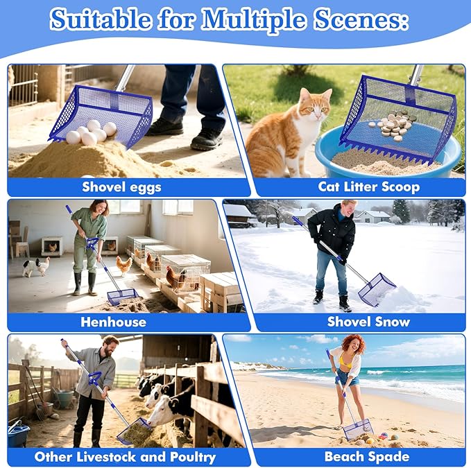 12 Inch Chicken Poop Scooper & Rake 2-in-1, Large Metal Shovel Head, Rubber Handle Stainless Steel Chicken Litter Scoop for Chicken Coops, Litter Screening Scoop (35 to 65in) US Patent Pending (Blue)-PurrikoPets